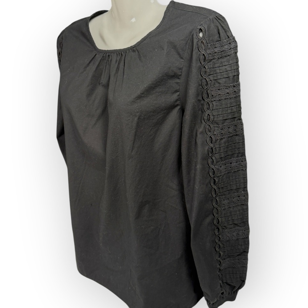 J.Crew Gothic Peasant Women Black Cotton Eyelet Lace Sleeve Blouse Size M